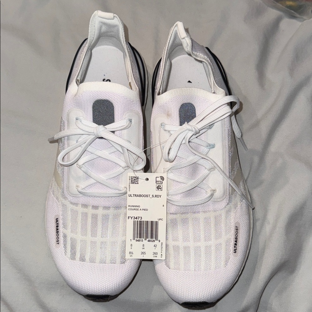 Adidas White Ultraboost Running Shoes w/Shimmer Stripes. BRAND NEW!